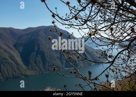 08.04.2021 Brè Paese au Tessin, Suisse.Panorama du lac de Lugano depuis le Bré Paese.Jour de printemps ensoleillé Banque D'Images