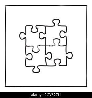 Icône ou logo de puzzle Doodle, dessiné à la main avec une fine ligne noire. Isolé sur fond blanc. Illustration vectorielle Banque D'Images