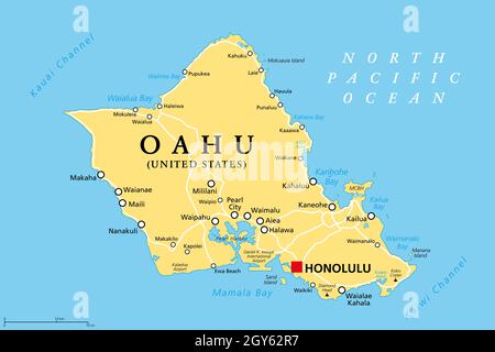 Oahu, Hawaï, carte politique avec la capitale Honolulu.Partie des îles hawaïennes et Hawaï, un état des États-Unis dans l'océan Pacifique Nord. Banque D'Images