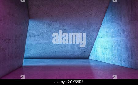 intérieur d'un couloir en béton, lignes géométriques et lumières colorées. rendu 3d Banque D'Images