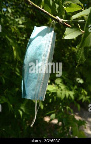 Un masque facial polluant a été jeté et piégé sur une branche d'arbre de la pandémie actuelle de Covid19 qui a frappé l'économie mondiale. Banque D'Images