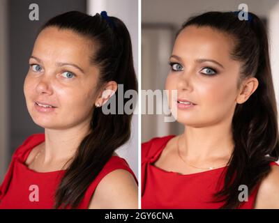 Femme visage peau maquillage. Comparaison avant et après Banque D'Images