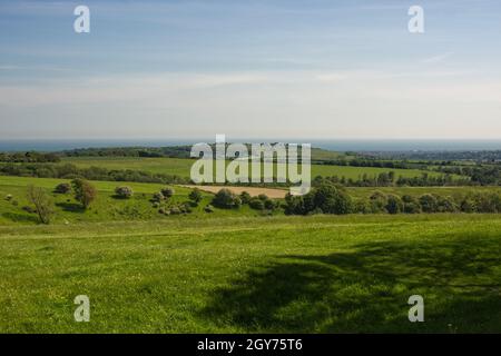 Vue vers le sud depuis la colline de Chantonbury sur les South Downs près de Worthing, West Sussex, Angleterre. Avec Cissbury Ring et la côte en arrière-plan. Banque D'Images