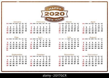 Modèle de calendrier 2020 sur fond blanc. La semaine commence le dimanche, les vacances en rouge. Banque D'Images