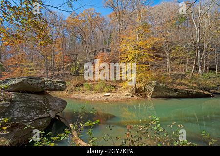 Couleurs d'automne sur un ruisseau forestier calme dans la zone panoramique de Bell Smith Springs en Illinois Banque D'Images