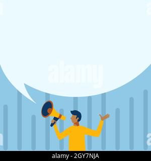Homme dessin tenant Megaphone avec grande bulle de parole montrant le message. Banque D'Images