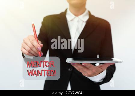 Affichage conceptuel Mentor Wanted, mot écrit sur la recherche de quelqu'un qui peut se guider pour atteindre le succès de la présentation de nouvelles idées de technologie discuter T Banque D'Images