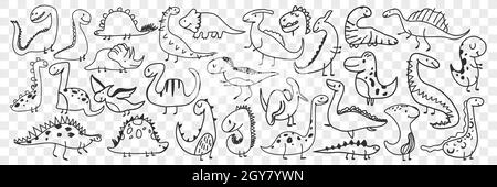 Ensemble de doodle à dinosaures amusant. Collection de dinosaures drôles dessinés à la main de différentes formes et âges appréciant la vie se sentant heureux isolé sur transparent Banque D'Images