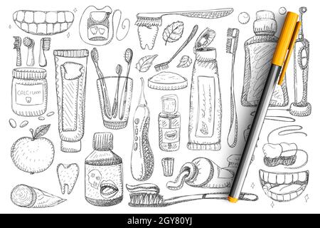 Set de dentisté pour l'hygiène des dents et la santé.Collection de brosse à dents dessinées à la main, dentifrice, fil dentaire, dents et sourire blanc isolés sur le dos transparent Banque D'Images