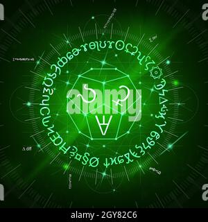 Arrière-plan abstrait vert des sorts magiques lumineux, des formules, des signes, des horlogerie et des symboles sacrés Banque D'Images