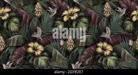 Motif tropical exotique sans couture avec hibiscus doré, colibris, fleurs, feuilles de banane vintage, feuilles de palmier.Illustration 3d de luxe dessinée à la main Banque D'Images