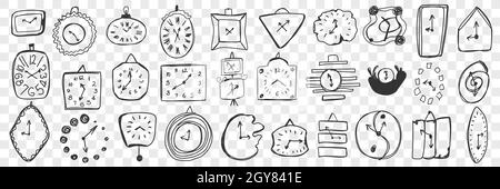 Ensemble de doodle pour horloge murale.Collection d'horloges dessinées à la main de différentes formes, tailles accrochées sur des murs isolés sur fond transparent.Ilustr Banque D'Images