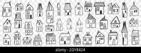 Plusieurs maisons et bâtiments ensemble de doodle.Collection de petites maisons à la main, un floored maisons bâtiments pour vivre isolé sur fond transparent.Il Banque D'Images