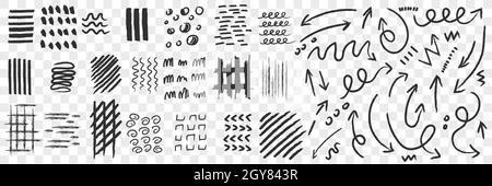 Jeu de doodle de lignes et de feuillures. Collection de lignes droites et courbes dessinées à la main dans des lignes isolées sur fond transparent Banque D'Images