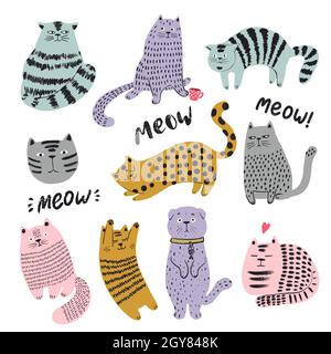 Ensemble de chats mignon dessinés à la main. Illustration amusante des personnages de chaton. Vecteur animaux plats. Illustration de Vecteur