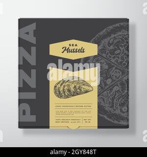 Pizza avec fruits de mer Mussel boîte en carton réaliste maquette.Résumé Vector Packaging Design ou Label.Typographie moderne, esquisse alimentaire et papier couleur Illustration de Vecteur