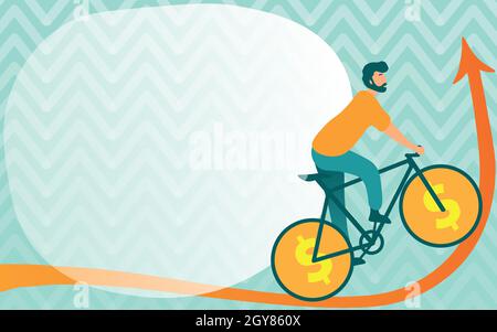 Homme dessin vélo d'équitation avec Dollar Sign Wheels allant vers le haut. Banque D'Images