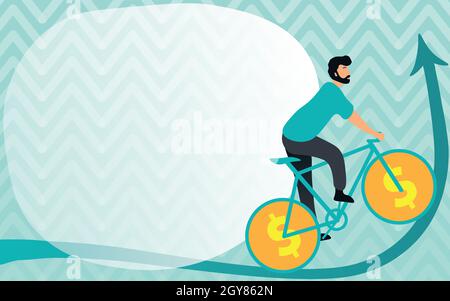 Homme dessin vélo d'équitation avec Dollar Sign Wheels allant vers le haut. Banque D'Images