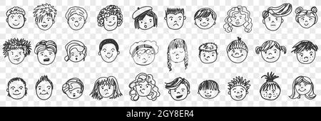 Ensemble de photos de portraits.Collection de visages drôles d'enfants humains dessinés à la main avec différentes hairstyle exprimant diverses émotions isolées sur transparent Banque D'Images