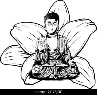 Vecteur icône du bouddhisme méditant Bouddha.Bouddha d'or assis sur un fond de lotus.Illustration à plat. Banque D'Images