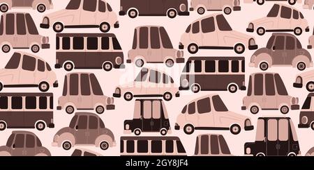 Motif sans couture avec jolies voitures dessinées à la main dans le style scandinave.Vector répété fond avec automobiles dans dessins animés pour les enfants. Illustration de Vecteur