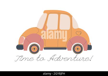 Voyagez en voiture.Illustration vectorielle de la voiture colorée avec texte Time to Adventure.Clip art isolé sur fond blanc Illustration de Vecteur