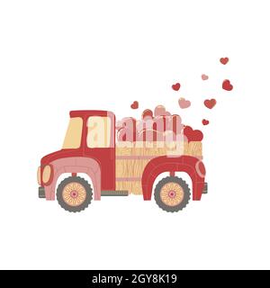 Illustration vectorielle dessinée à la main d'une jolie voiture aux coeurs roses et rouges pour la Saint-Valentin.Camion coloré avec coeur volant clip art dans la conception plate?est Illustration de Vecteur