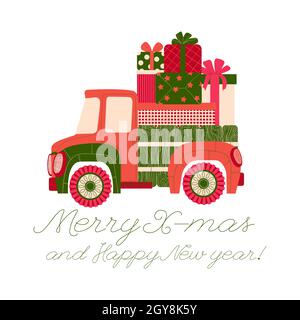 Modèle de carte postale Joyeux Noël et joyeux nouvel an.Illustration vectorielle avec une jolie voiture de camion colorée avec boîte cadeau et texte en syle plat de dessin animé. Illustration de Vecteur