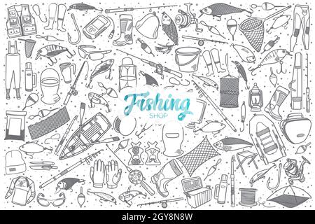 Dessin main magasin de pêche doodle set arrière-plan avec lettrage bleu Banque D'Images