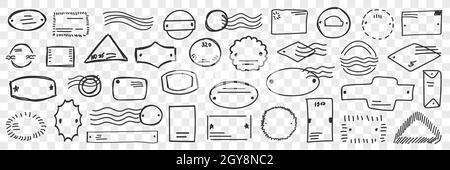 Ensemble de doodle de timbres et de lettres. Collection de timbres dessinés à la main avec des enveloppes d'index pour la livraison de courriers et de colis de poste isolés sur le site de la vente en groupe Banque D'Images