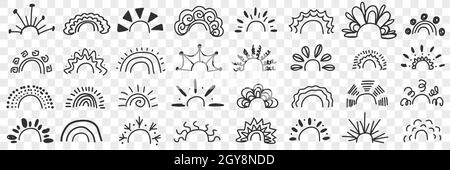 Ensemble de dessins à motif arc-en-ciel et rayons.Collection de dessins à la main décoratifs élégants motifs d'arcs-en-ciel avec des rayons dans différentes formes isolées Banque D'Images