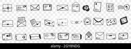 Enveloppes avec jeu de caniche à lettres.Collection d'enveloppes dessinées à la main avec des timbres pour la livraison de courriers et de colis postaux isolés sur transparents Banque D'Images