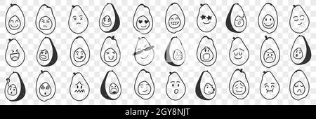 Set de doodle amusant pour avocat emoji.Collection de fruits d'avocat dessinés à la main avec des visages drôles mignons avec diverses expressions émoticone isolé sur tr Banque D'Images