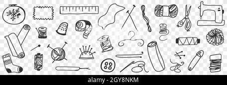 Outils pour coudre l'ensemble de caniche.Collection de rubans de mesure dessinés à la main aiguilles ciseaux machine à coudre outils pour coudre et tricoter isolés sur transpa Banque D'Images