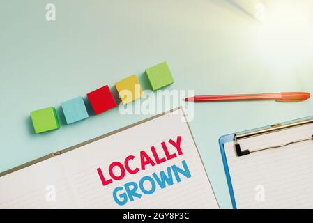 Affiche de texte montrant localement cultivé, mot pour la campagne agricole produit légumes frais cheminée de cube d'échantillon boîtes rectangulaires sur la surface Polisée Banque D'Images