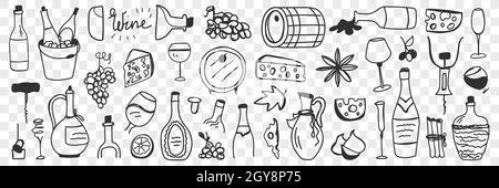 Articles pour la fabrication de vin ensemble de nouilles. Collection de fûts dessinés à la main raisins cruches bouteilles verres fromage bungs bouteilles de tire-bouchon pour la production de vin et t Banque D'Images
