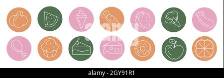 Icônes lumineuses de divers aliments et boissons - illustration vectorielle Banque D'Images