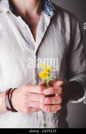 Fleurs fraîchement cueillies aux mains de mâles Banque D'Images