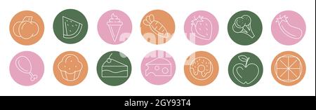 Icônes lumineuses de divers aliments et boissons - illustration vectorielle Banque D'Images