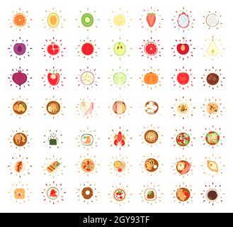 Icônes lumineuses de divers aliments et boissons - illustration vectorielle Banque D'Images