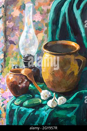 encore plus de vie avec des pots en céramique et lampe au kérosène peint à la main par des peintures de tempera sur papier blanc Banque D'Images