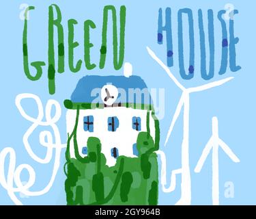 Ancienne maison européenne, énergie renouvelable et verte avec éolienne. Illustration dessinée à la main et peinte. Concept écologique simple et minimaliste. Banque D'Images