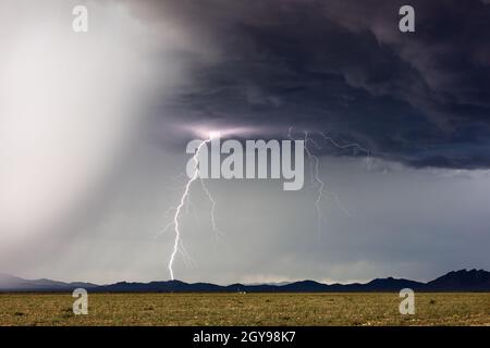 Des nuages sombres avec un orage lumineux éclair coup de boulon en avant d'un noyau de grêle approche près de Congress, Arizona Banque D'Images