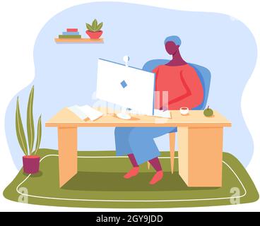 Travailleur indépendant travaillant à domicile, travail à distance.Scénario travailleur indépendant sur le lieu de travail, employé en ligne à distance, personnage assis au travail sur l'illustration à distance Illustration de Vecteur