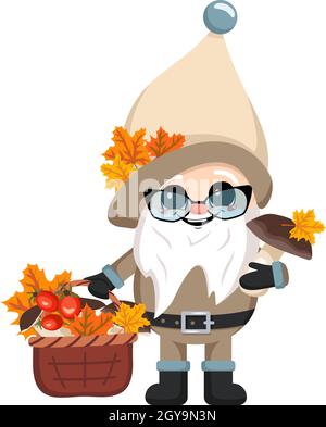 Petit gnome avec une longue barbe blanche, visage joyeux avec un panier de champignons et de feuilles d'érable.Caractère pour le festival d'automne de récolte, jour de Thanksgiving, décorer la maison et le jardin Illustration de Vecteur