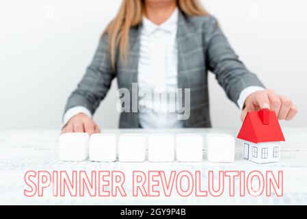 Affiche de texte montrant Spinner Revolution, Business concept jouet qui aide à soulager le stress et à faire face à l'anxiété UNE jeune dame Orbusinesswoman tenant Orpre Banque D'Images