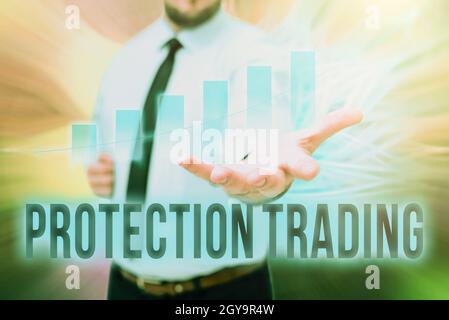 Texte montrant inspiration protection Trading, Business Showcase tentative délibérée de limiter les importations ou de promouvoir les exportations Gentelman uniforme Standing Holdi Banque D'Images