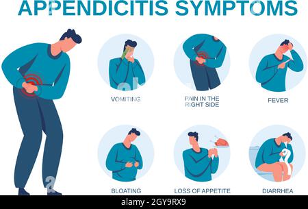 Infographie sur les symptômes de l'appendicite, signes du schéma de l'inflammation de l'appendice.Douleurs abdominales, diarrhée, vomissements.Brochure médicale vectorielle avec indicateurs de maladie ou de maladie, soins de santé Illustration de Vecteur