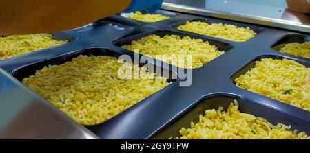 Riz frit congelé avec œuf dans un plateau en plastique, en attente de l'étiquette d'étanchéité supérieure avec thermoformage dans l'usine alimentaire. Industrie des aliments surgelés. Prêt repas pro Banque D'Images