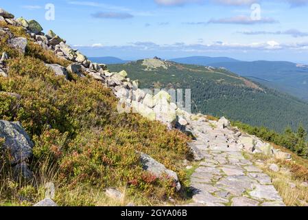 Sentier menant à l'abri sous la montagne Labski Szczyt avec Szrenica mountain in the background in Polish Giant Mountains Banque D'Images